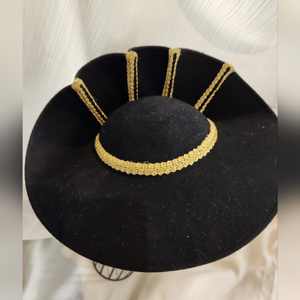 Black Felted Wool Hat with Gold Braid Trim